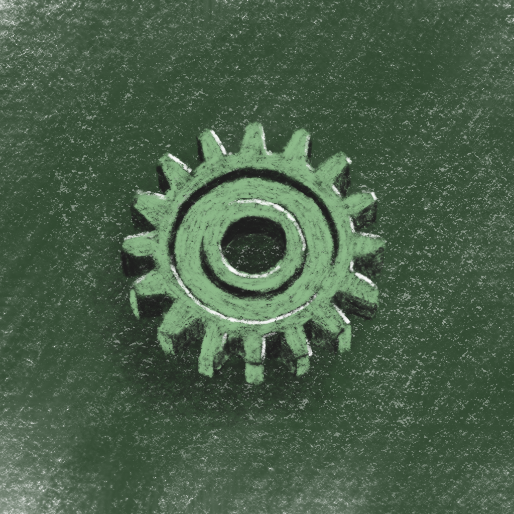 gear drawing in shades of green, with oil pastel texture